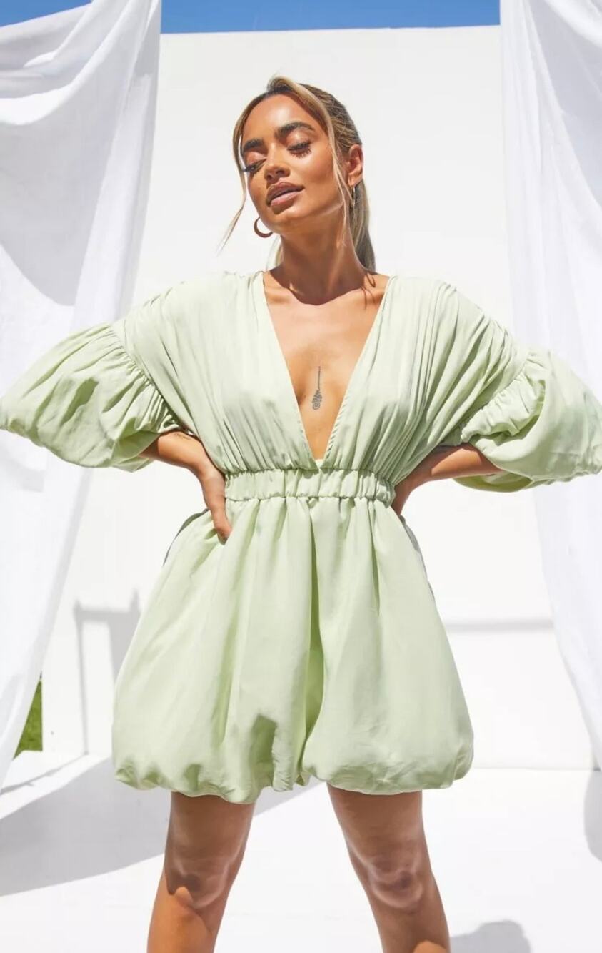 Pretty Little Thing Pistachio Puff Sleeve Puffball Hem Shift Dress US 6 Mini